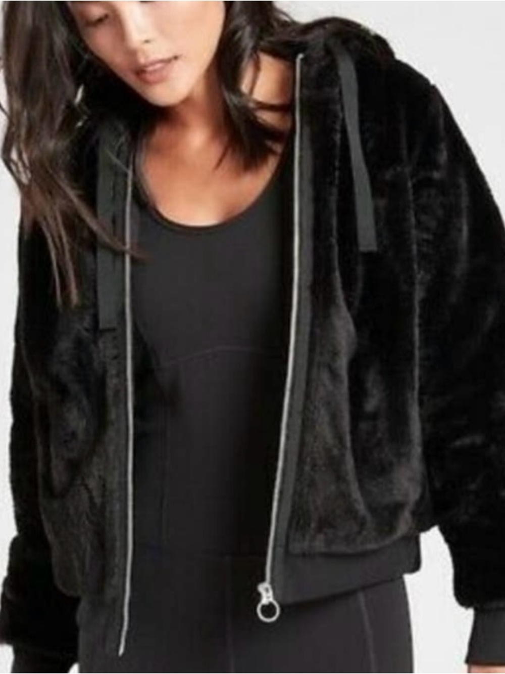 Athleta Ritual Black Faux Fur Zip Up Hoodie Jacket Coat Size XL 16 - Picture 3 of 12